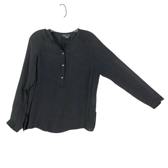 NWOT VINCE Top S Silk Black Ivory Geo-Print 3Pearl-Button Collared Slit Long-Slv - Picture 1 of 10